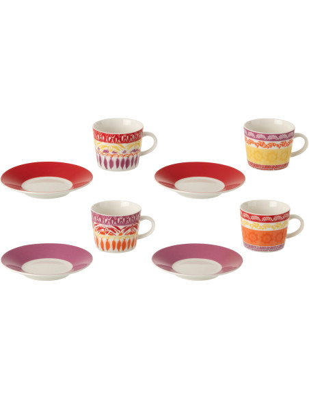 Lot de 4 tasses et sous-tasses Solea en céramique violet et rouge 90 ml 