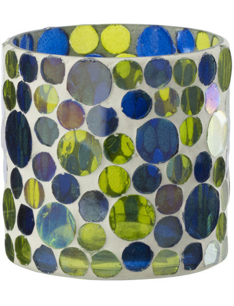 Photophore Mosaïka en verre à motifs bleu, vert et blanc Ø7,5 cm 