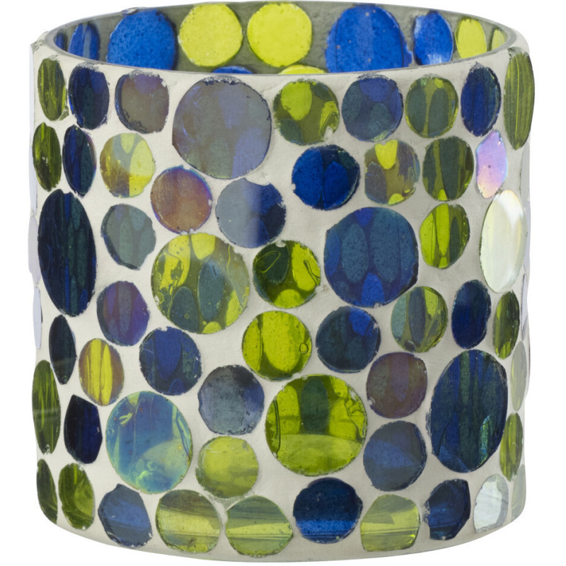 Photophore Mosaïka en verre à motifs bleu, vert et blanc Ø7,5 cm 