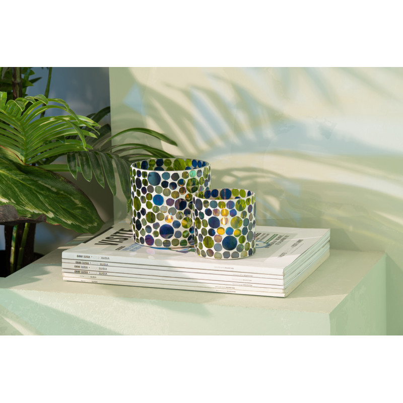 Photophore Mosaïka en verre à motifs bleu, vert et blanc Ø7,5 cm 