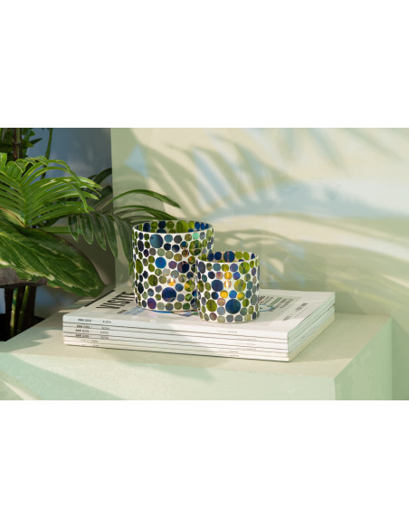 Photophore Mosaïka en verre à motifs bleu, vert et blanc Ø7,5 cm 