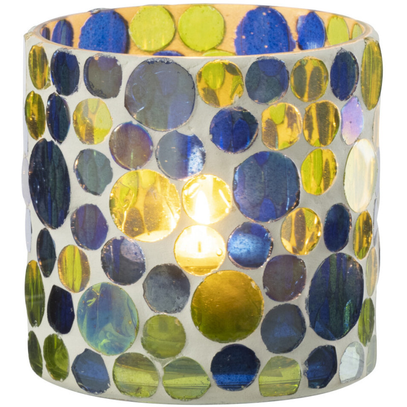 Photophore Mosaïka en verre à motifs bleu, vert et blanc Ø7,5 cm 
