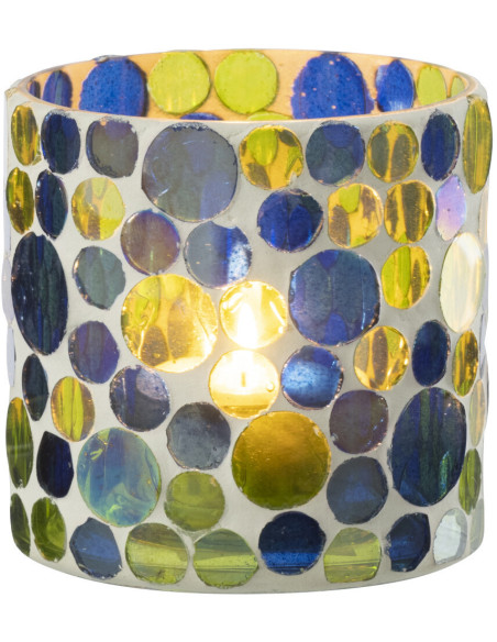 Photophore Mosaïka en verre à motifs bleu, vert et blanc Ø7,5 cm 