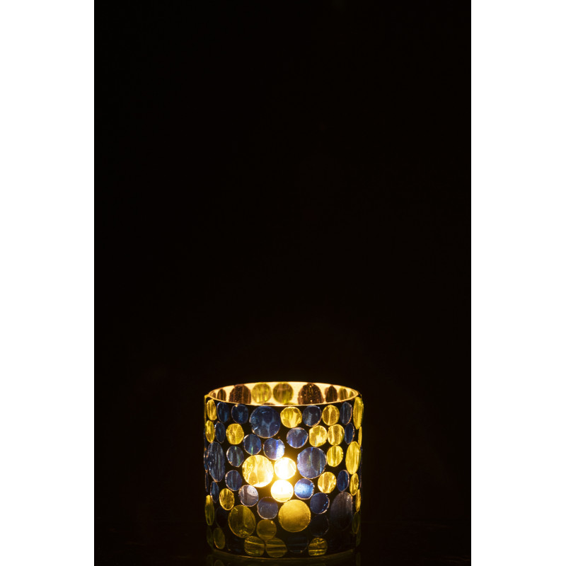 Photophore Mosaïka en verre à motifs bleu, vert et blanc Ø7,5 cm 