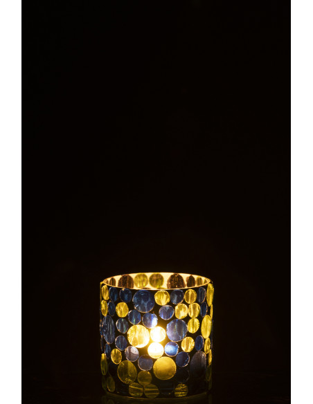 Photophore Mosaïka en verre à motifs bleu, vert et blanc Ø7,5 cm 