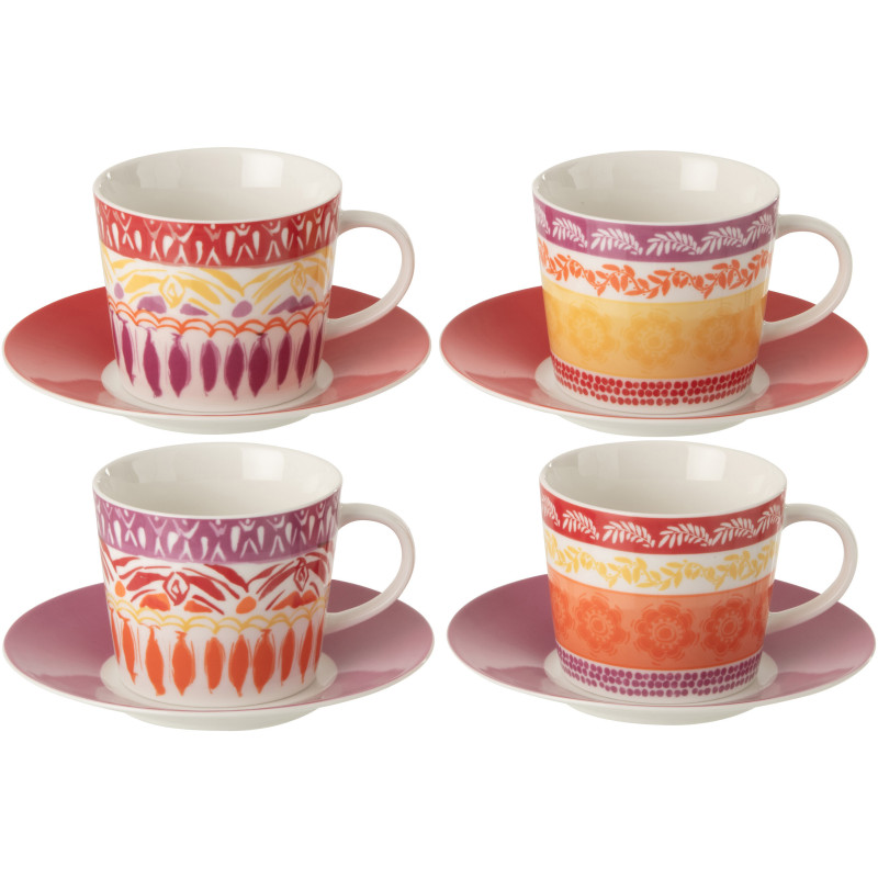Lot de 4 tasses et sous-tasses Solea en céramique violet et rouge 200 ml 