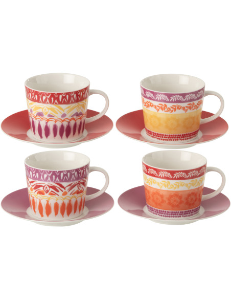 Lot de 4 tasses et sous-tasses Solea en céramique violet et rouge 200 ml 