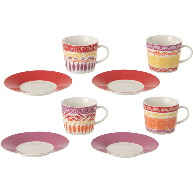 Lot de 4 tasses et sous-tasses Solea en céramique violet et rouge 200 ml 