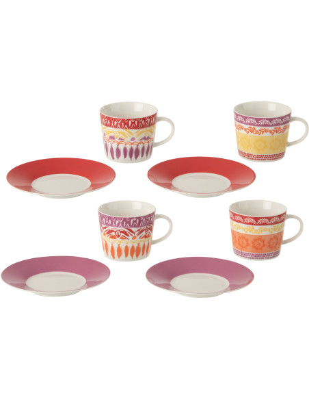 Lot de 4 tasses et sous-tasses Solea en céramique violet et rouge 200 ml 