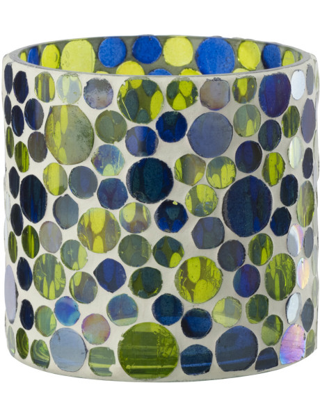 Photophore Mosaïka en verre à motifs bleu, vert et blanc Ø10 cm 