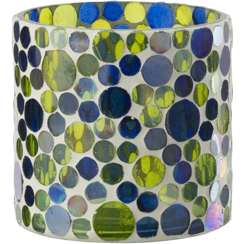Photophore Mosaïka en verre à motifs bleu, vert et blanc Ø10 cm 