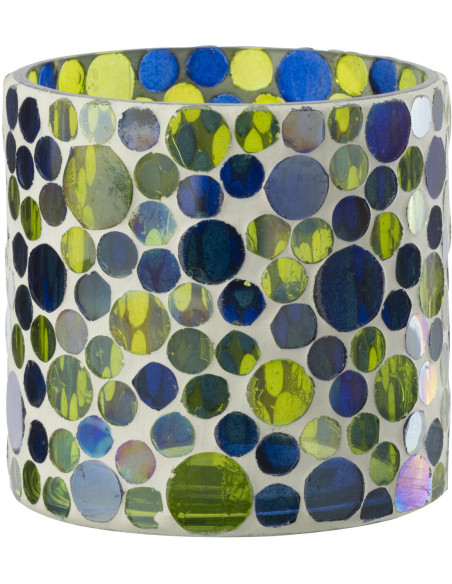 Photophore Mosaïka en verre à motifs bleu, vert et blanc Ø10 cm 