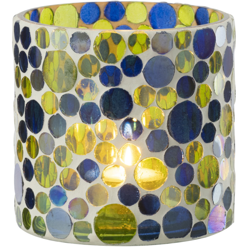 Photophore Mosaïka en verre à motifs bleu, vert et blanc Ø10 cm 