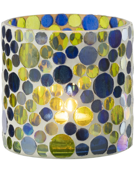 Photophore Mosaïka en verre à motifs bleu, vert et blanc Ø10 cm 
