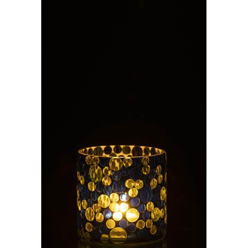 Photophore Mosaïka en verre à motifs bleu, vert et blanc Ø10 cm 