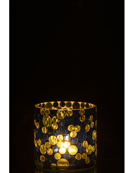 Photophore Mosaïka en verre à motifs bleu, vert et blanc Ø10 cm 