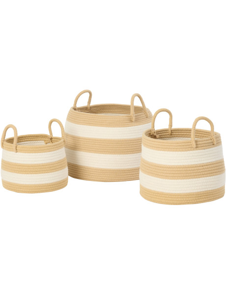 Lot de 3 paniers Natura Rayé avec anse ronde en fibres naturelles et blanc 
