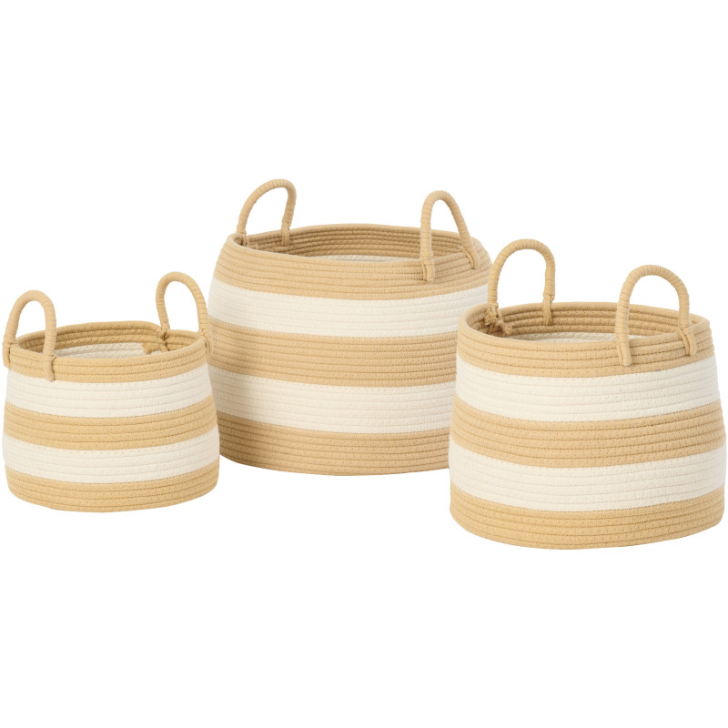 Lot de 3 paniers Natura Rayé avec anse ronde en fibres naturelles et blanc 