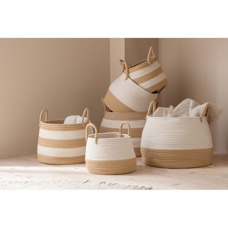 Lot de 3 paniers Natura Rayé avec anse ronde en fibres naturelles et blanc 