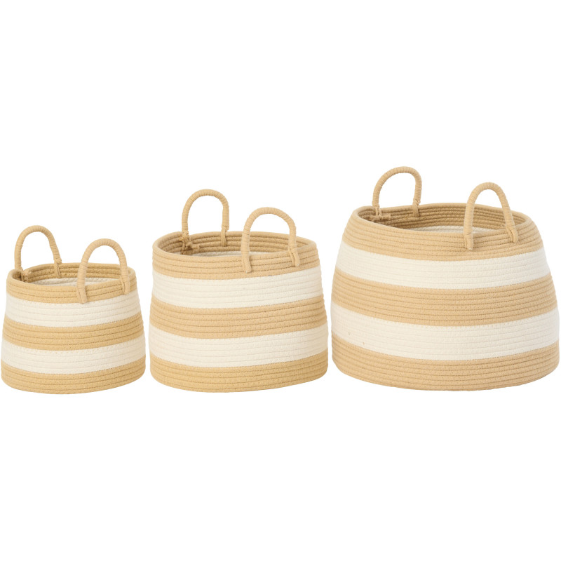 Lot de 3 paniers Natura Rayé avec anse ronde en fibres naturelles et blanc 