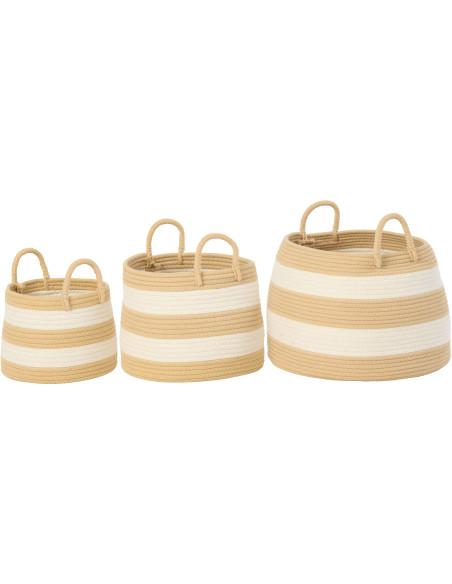 Lot de 3 paniers Natura Rayé avec anse ronde en fibres naturelles et blanc 