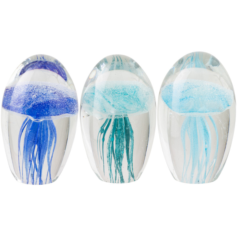 Lot de 3 presse-papiers méduse Abyssia en verre bleu et turquoise 7,8 cm 