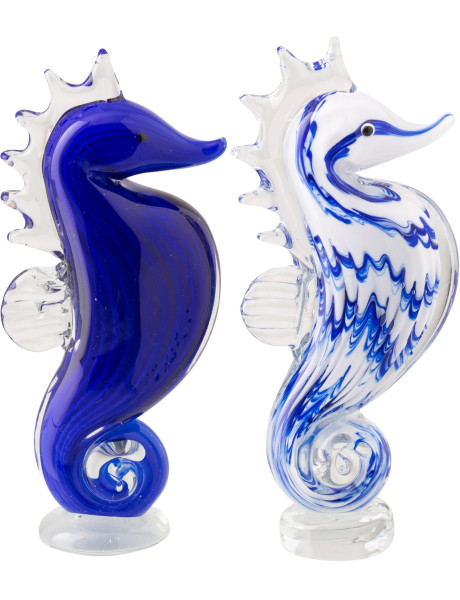 Lot de 2 presse-papiers hippocampe Azzuro en verre bleu et blanc 20 cm 