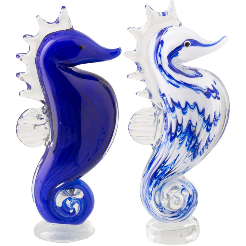 Lot de 2 presse-papiers hippocampe Azzuro en verre bleu et blanc 20 cm 
