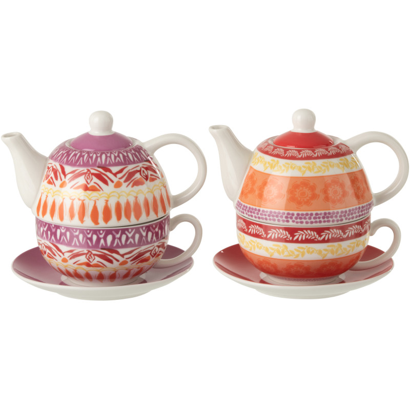 Lot de 2 théières individuelles Solea avec tasse et sous-tasse en céramique violet et rouge 