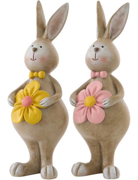 Lot de 2 lapins décoratifs Fleuria en polyrésine beige, jaune et rose 19 cm 