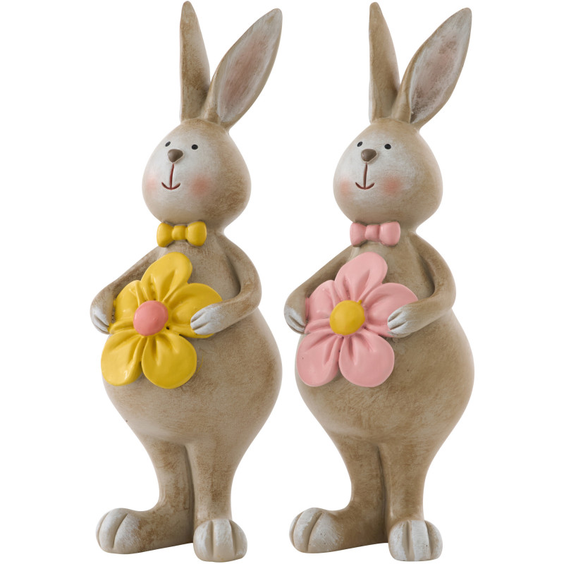 Lot de 2 lapins décoratifs Fleuria en polyrésine beige, jaune et rose 19 cm 