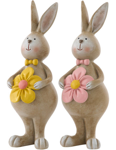 Lot de 2 lapins décoratifs Fleuria en polyrésine beige, jaune et rose 19 cm 