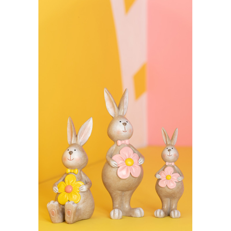 Lot de 2 lapins décoratifs Fleuria en polyrésine beige, jaune et rose 19 cm 