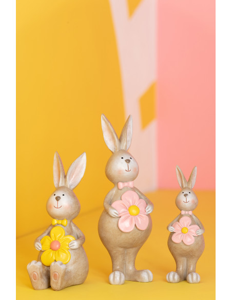 Lot de 2 lapins décoratifs Fleuria en polyrésine beige, jaune et rose 19 cm 