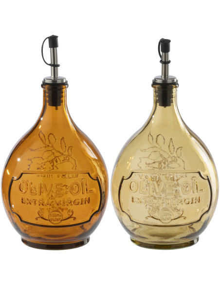 Lot de 2 Bouteilles Olivara en verre orange et ocre 1 litre 