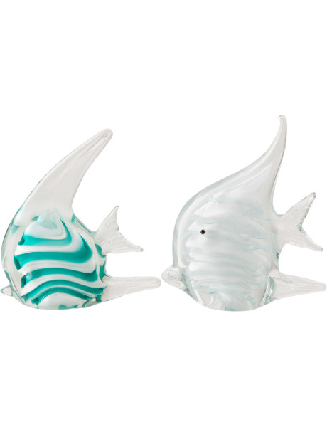 Lot de 2 presse-papier poisson rayé Calypso en verre turquoise et blanc 18 cm 