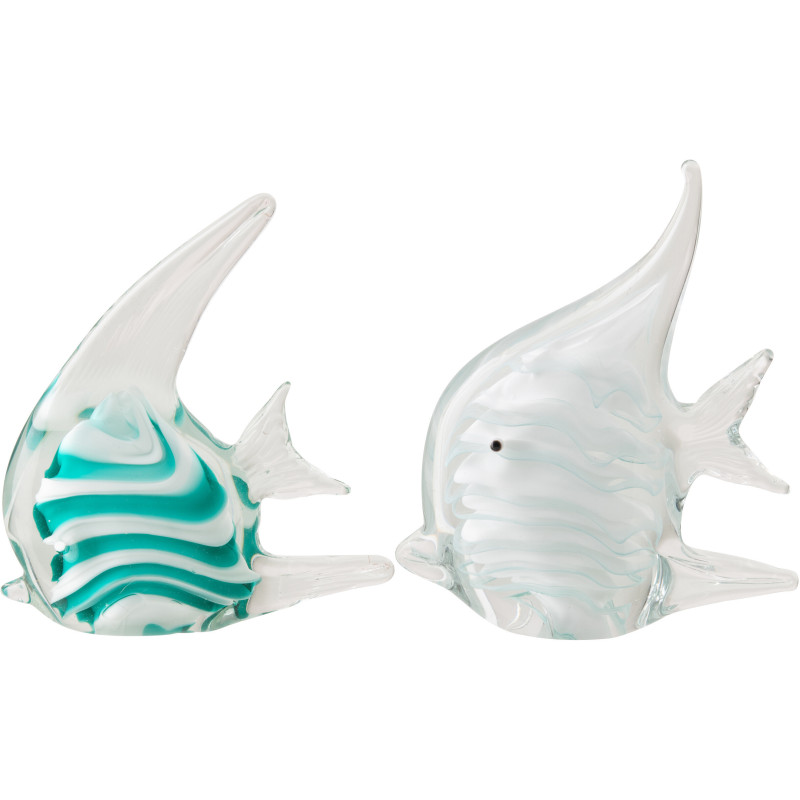 Lot de 2 presse-papier poisson rayé Calypso en verre turquoise et blanc 18 cm 