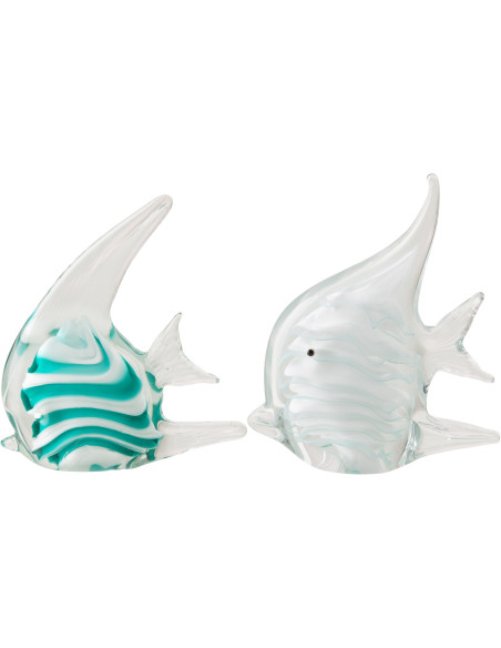 Lot de 2 presse-papier poisson rayé Calypso en verre turquoise et blanc 18 cm 