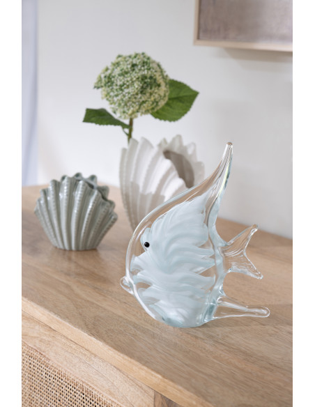 Lot de 2 presse-papier poisson rayé Calypso en verre turquoise et blanc 18 cm 