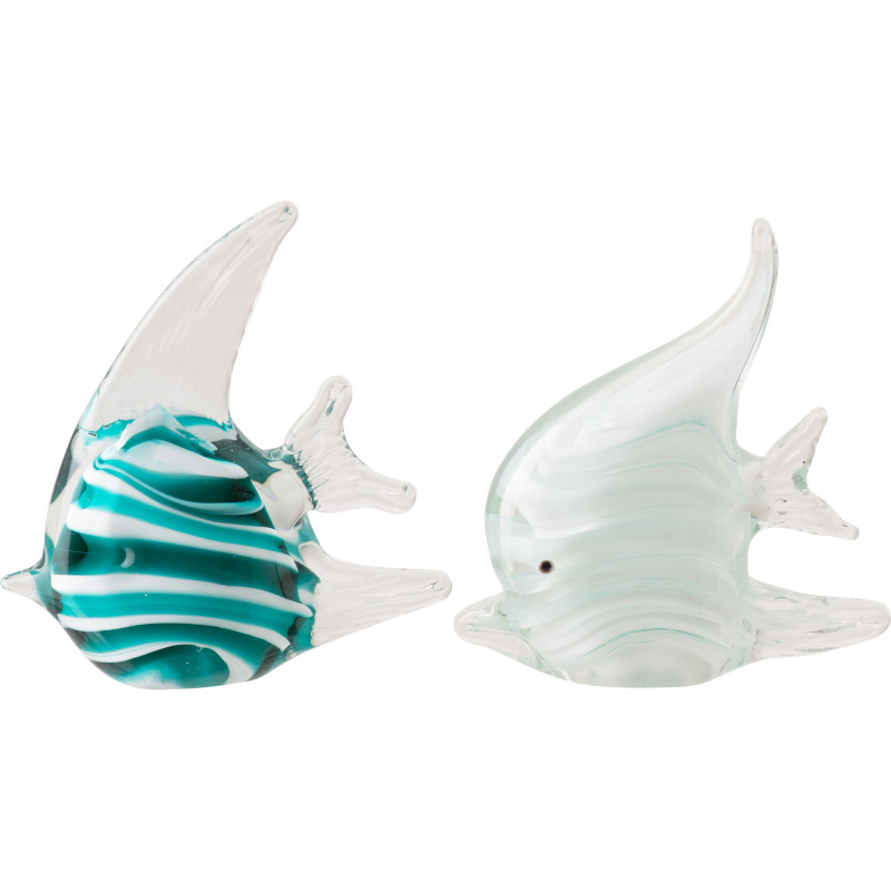 Lot de 2 presse-papier poisson rayé Calypso en verre turquoise et blanc 12 cm 