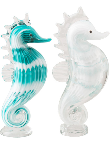 Lot de 2 presse-papier hippocampe Calypso en verre turquoise et blanc 20 cm 