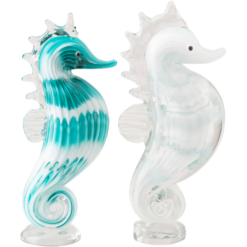 Lot de 2 presse-papier hippocampe Calypso en verre turquoise et blanc 20 cm 