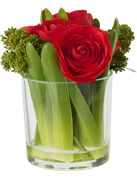 Composition florale artificielle Florisia renoncules rouges en vase H 21 cm 