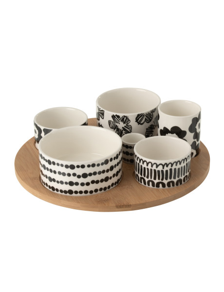 Set apéro Nara grand format avec plateau en bois et bols en céramique blanc et noir 
