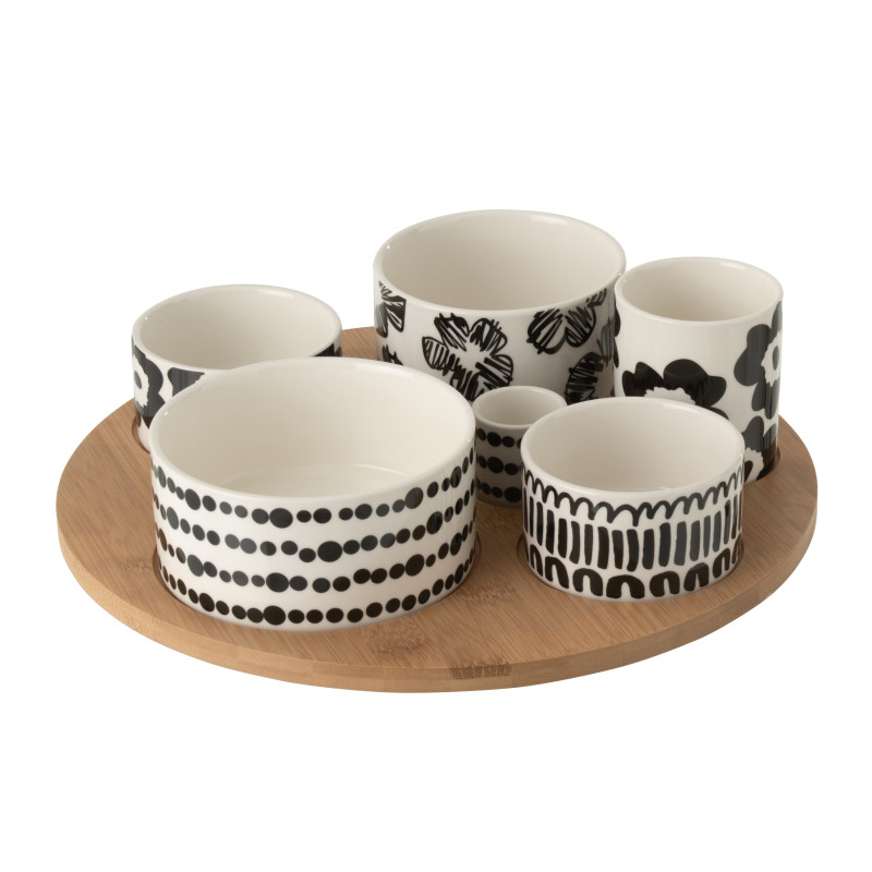 Set apéro Nara grand format avec plateau en bois et bols en céramique blanc et noir 