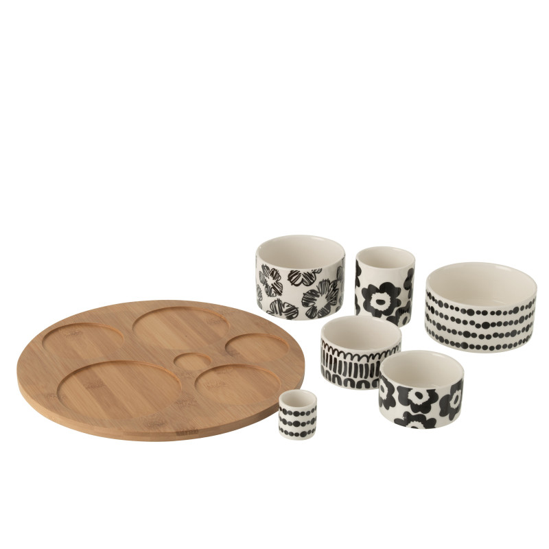 Set apéro Nara grand format avec plateau en bois et bols en céramique blanc et noir 