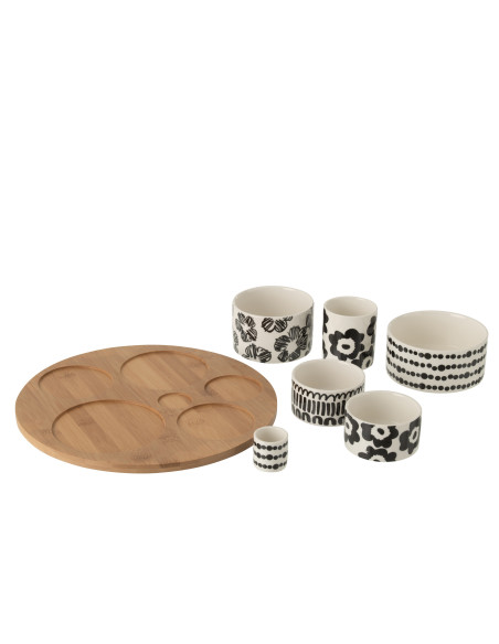 Set apéro Nara grand format avec plateau en bois et bols en céramique blanc et noir 