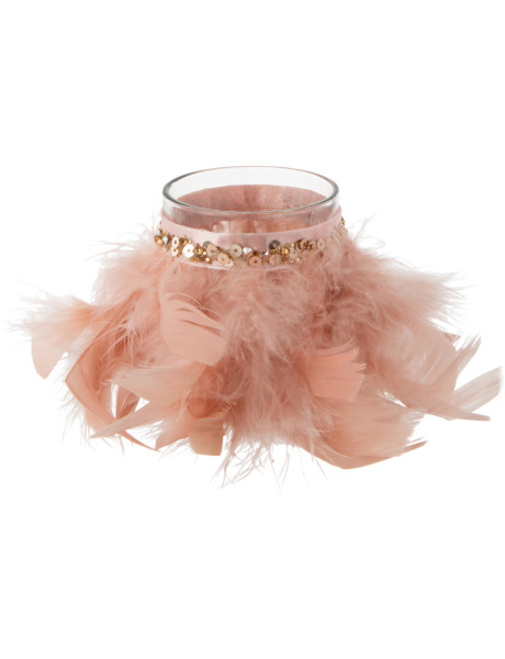 Photophore en verre transparent plumes rose poudré Ø6 x H7,5 cm Pluméa 