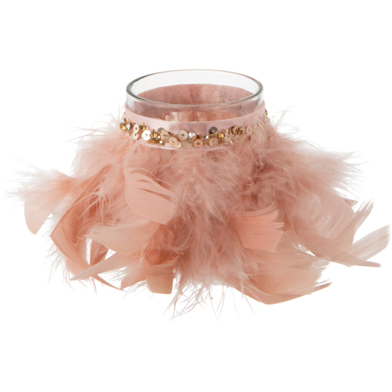 Photophore en verre transparent plumes rose poudré Ø6 x H7,5 cm Pluméa 