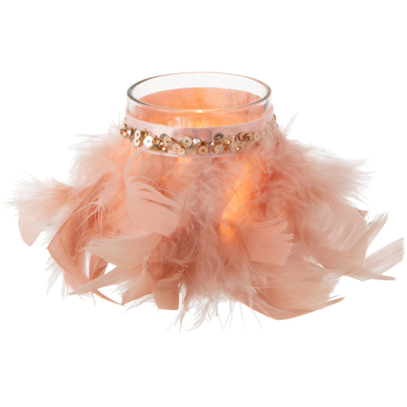 Photophore en verre transparent plumes rose poudré Ø6 x H7,5 cm Pluméa 